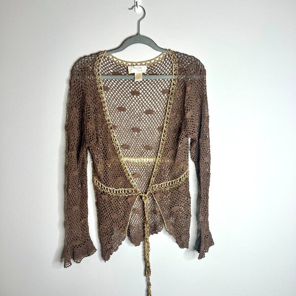 Vtg Kroshetta by Papillon Brown Crochet Beaded Open Knit Cardigan Boho Y2K Sz M - Picture 1 of 6
